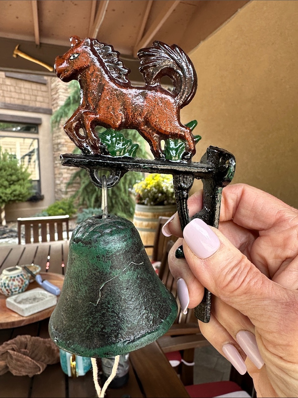 Decorative Cast Metal Horse Wall Bell in Brown and Verdigris